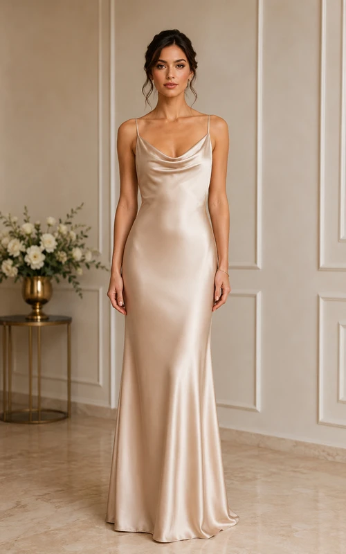 Vestido de dama de honor de satén color champán con escote drapeado.