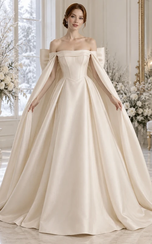 Vestido de novia de invierno con corpiño de satén con paneles y hombros descubiertos, lazo trasero y capa, corte en A.