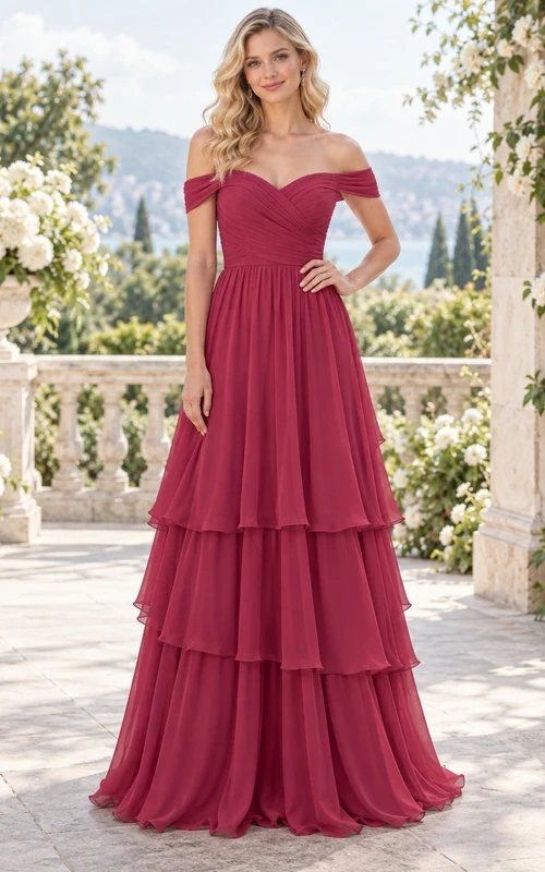 Vestido largo de dama de honor de gasa color frambuesa con escote corazón, hombros descubiertos y falda en línea A, fruncido y volantes.