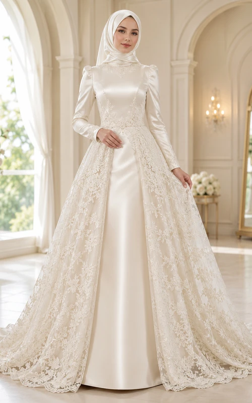 Vestido de novia musulmán de satén con cuello alto y sobrefalda de encaje desmontable.