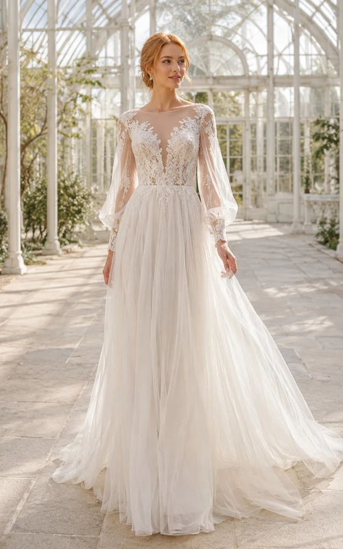 Robe de mariée de bal en dentelle brillante et tulle, décolleté plongeant en V, manches gigot, coupe trapèze, traîne chapelle, ornée d'appliques.