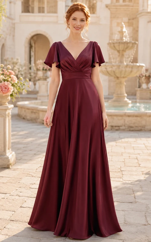 Estate Formal Burgundy Romantic Elegant A-Line Chiffon Bridesmaid Dress with V-Neck Short Sleeve Floor-Length Draped Low Back
