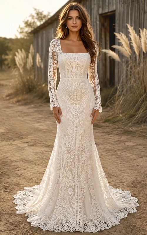 Vestido de novia de encaje campestre, estilo sirena, con escote en V, manga larga y cola de capilla.