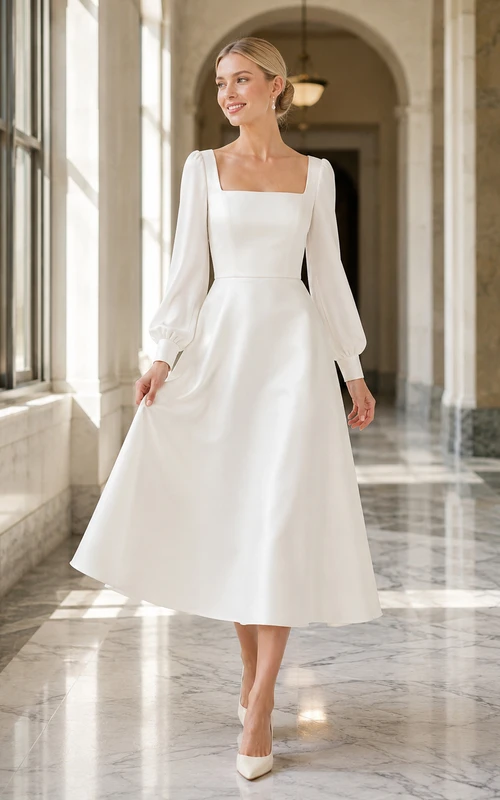 Robe de mariée moderne en satin, coupe trapèze, manches longues, col carré et manches bouffantes, longueur thé, idéale pour une cérémonie civile.