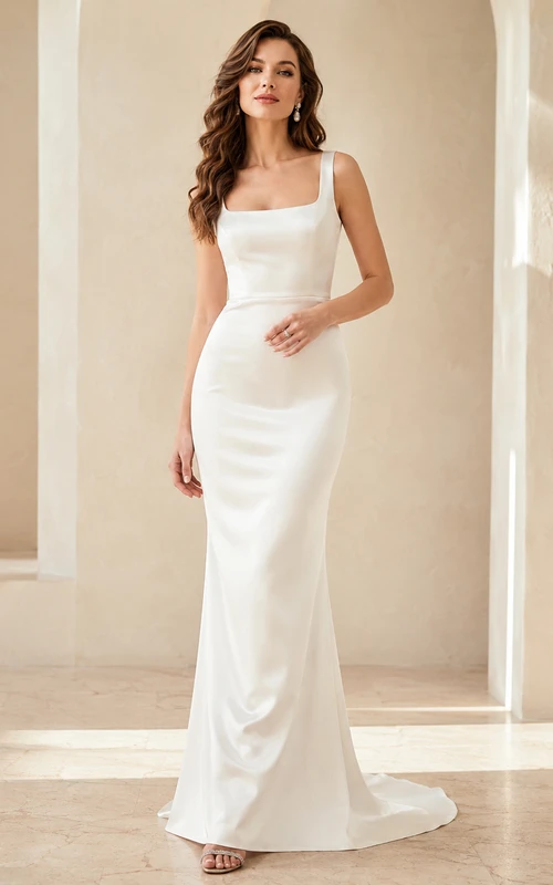 Robe de mariée fourreau en satin à fines bretelles carrées, longueur au sol, style court