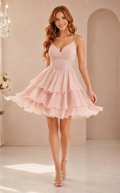 Rosafarbenes, mehrlagiges Chiffon-Abendkleid mit Korsettschnürung am Rücken in zartem Rosa.
