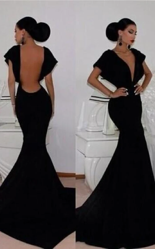 Sexy V-neck Black Mermaid Prom Dress Open Back