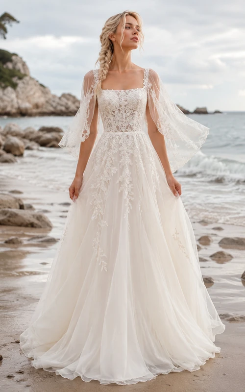 Square Neck Lace Sleeve Coastal Beach Bridal Gown