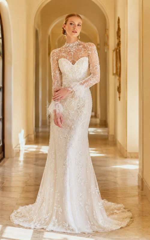 Robe de mariée sirène en dentelle à col montant et manches illusion longues