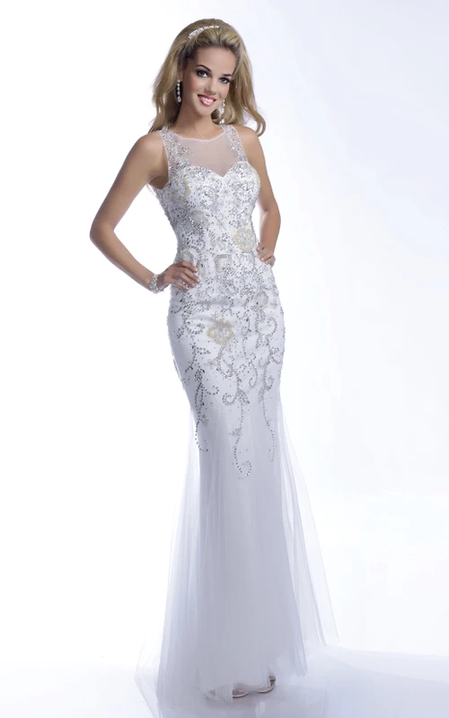 Vestido de fiesta sin mangas de tul con lentejuelas y corte trompeta, con espalda ilusión.