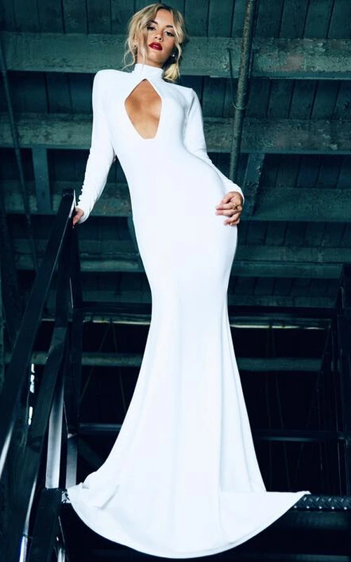 Vestido de fiesta sexy de sirena con cuello alto y espalda descubierta, manga larga.