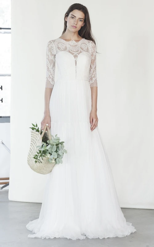 Vestido de novia sexy de corte A con borde festoneado y espalda ilusión.