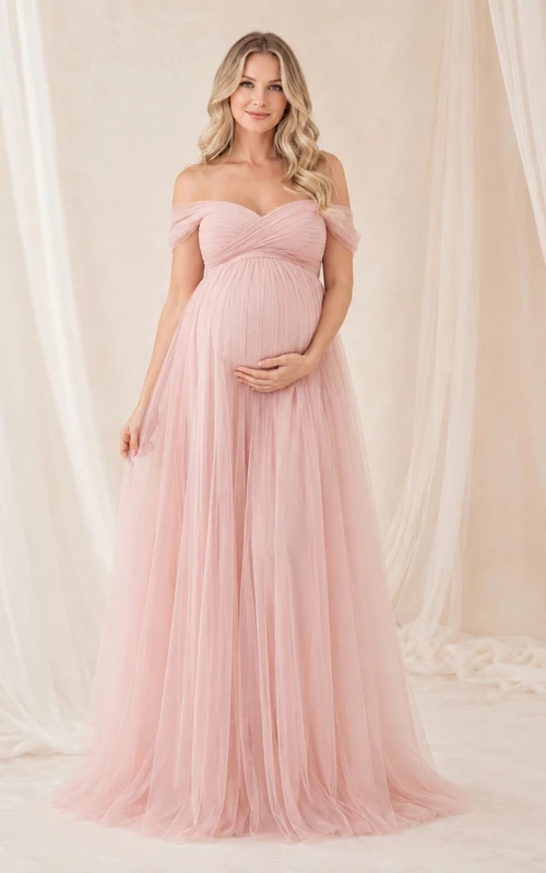 Rosafarbenes, schulterfreies Umstands-Abendkleid aus Tüll im Empire-Stil mit Falten