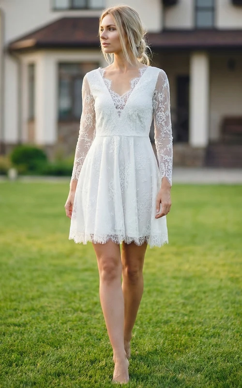 Vestido de novia corto de encaje con mangas largas