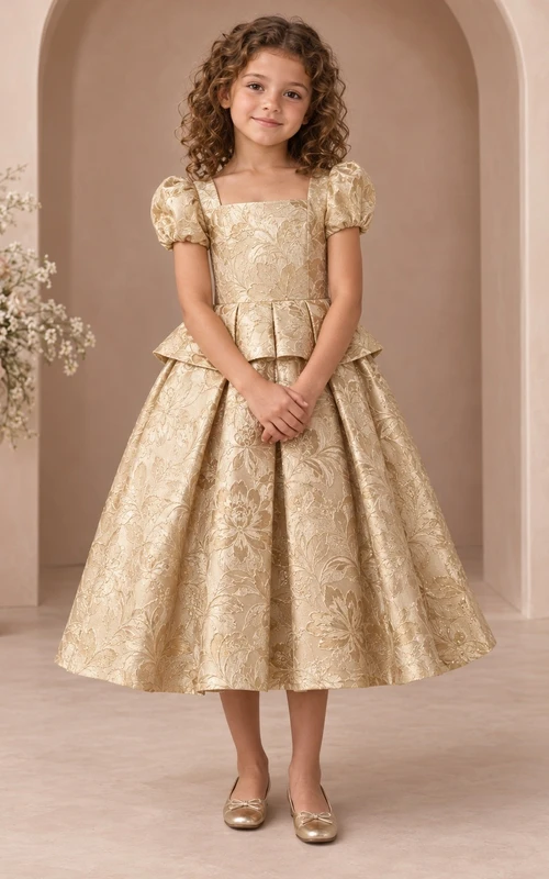Blumenmädchenkleid mit eckigem Ausschnitt, Teelänge, goldenen Puffärmeln und Schößchen