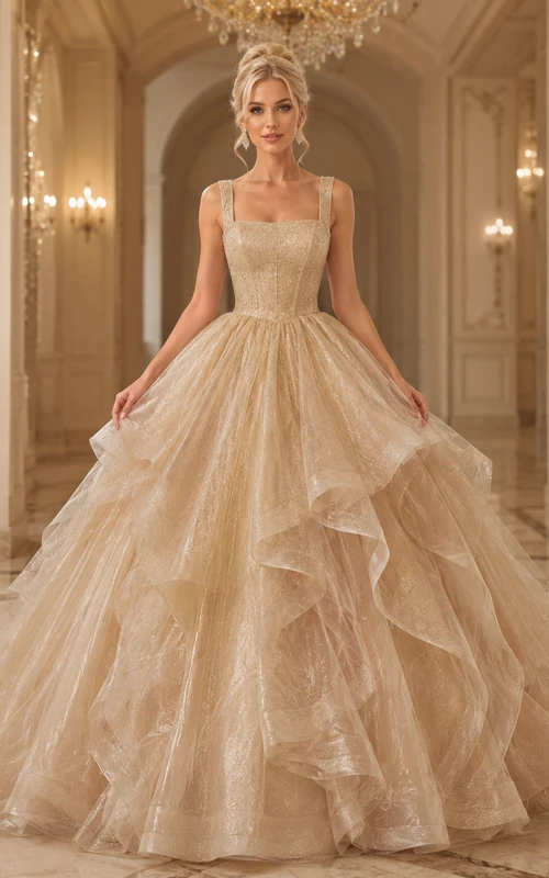 Champagnerfarbenes, metallisch schimmerndes Organza-Ballkleid mit Stufenrüschen und bodenlangen Trägern – ein luxuriöses Quinceañera-Ballkleid