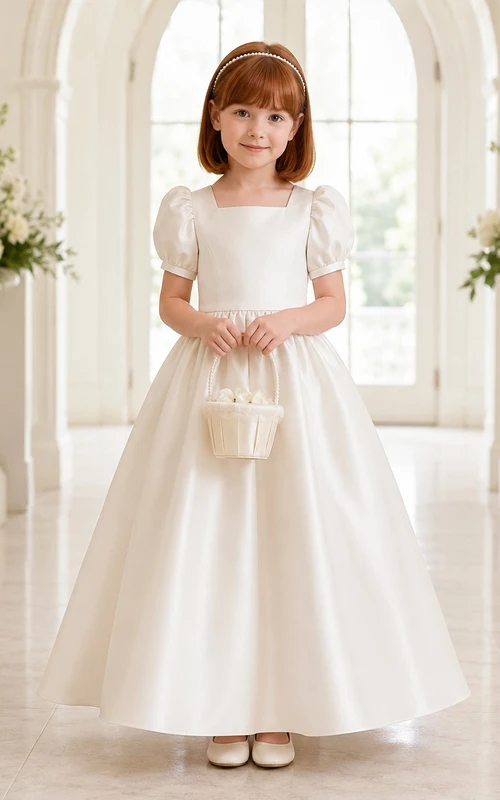 Vestido de niña de flores blanco clásico de satén con lazo en la espalda, corte en A, mangas abullonadas, cuello redondo y falda larga hasta el suelo.
