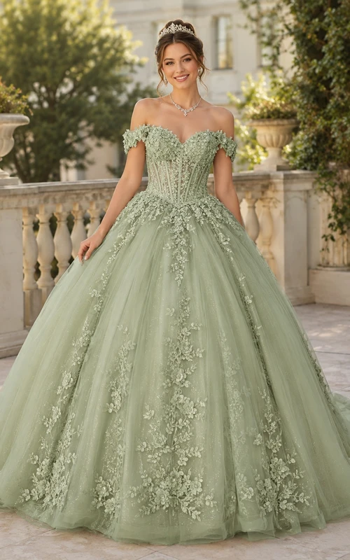 Salbeigrünes, schulterfreies, kurzärmeliges Tüll-Ballkleid, bodenlang, mit Blumenmuster, Quinceañera-Kleid