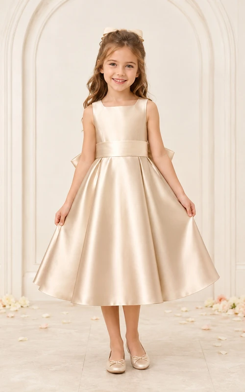 Robe de demoiselle d'honneur champêtre en satin champagne sans manches, longueur thé, coupe trapèze, avec nœud
