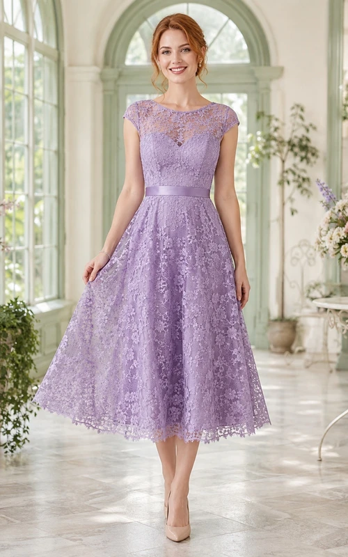Lavendelfarbenes Vintage-Cocktailkleid mit kurzen Ärmeln, Muschelsaum und Spitze in A-Linie und Teelänge