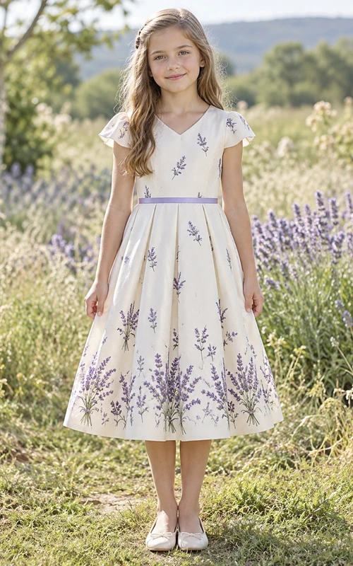Country Tea-length Cream Floral V-neck Cap Sleeve Cotton Flower Girl Dress