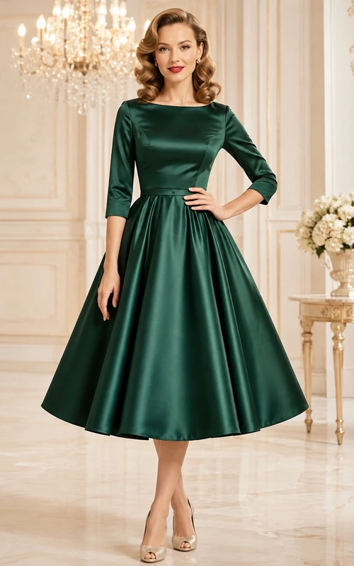 Dark Green Bateau Three-Quarter Sleeve Satin A-Line Tea-Length Vintage Formal Dress
