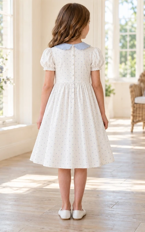 Modest Simple Ivory Dotted Tea-length Flat Blue Collar Small Puff Flower Girl Dress