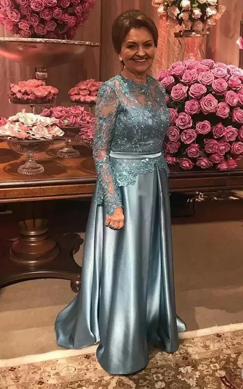 Vestido romántico de satén de corte A, manga larga y largo hasta el suelo, ideal para la madre de la novia, con apliques.