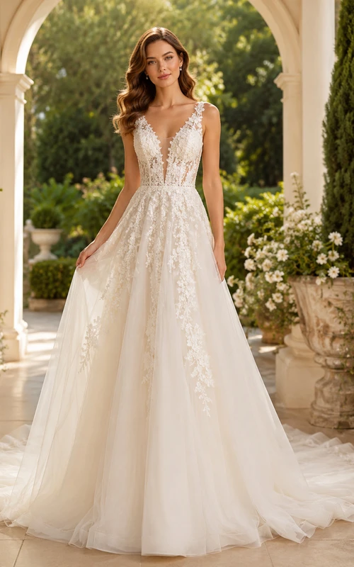 Robe de mariée trapèze à bretelles en dentelle florale et décolleté plongeant en V, avec traîne chapelle à plusieurs épaisseurs
