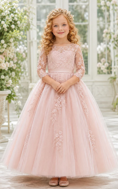 A-Line Royal Inspired Flower Girl Dress with High Neck, Long Illusion Sleeves, Floral Lace, Full Tulle Skirt, Formal Court Style