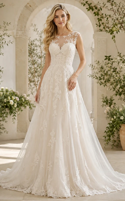 Elegantes, langärmeliges, hochgeschlossenes A-Linien-Brautkleid mit Bolero aus Spitze und Schleppe