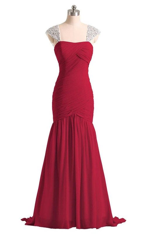 Langes Chiffonkleid in A-Linie mit Kristallbesatz an den Trägern