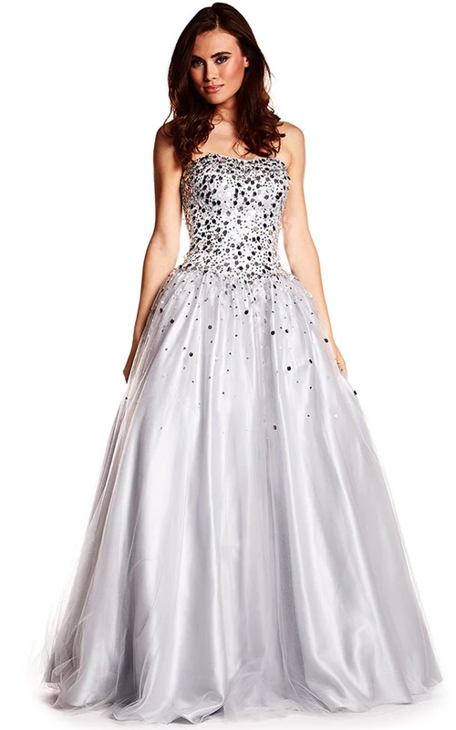 Vestido de fiesta largo sin mangas con lentejuelas y escote corazón, corte en A, de tul.