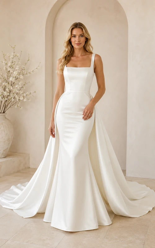 Robe de mariée sirène en satin, bustier cœur, traîne