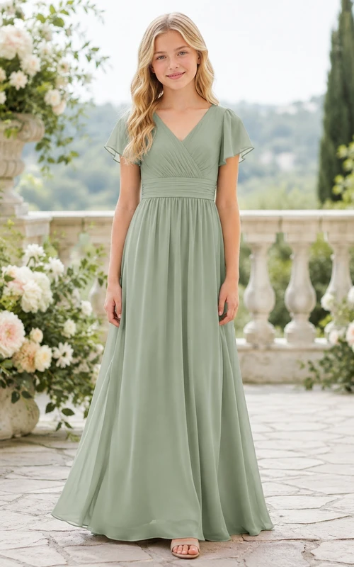 Celadonfarbenes Brautjungfernkleid für junge Damen, A-Linie, V-Ausschnitt, kurze Ärmel, plissiert, elegant