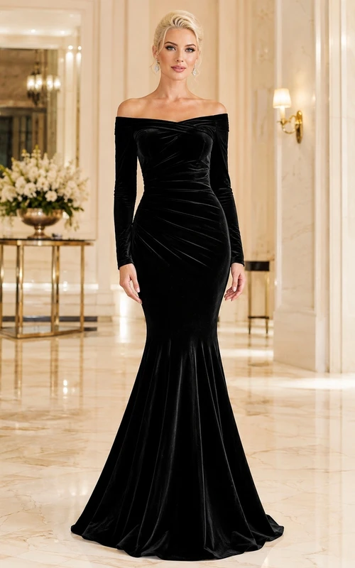 Long Sleeve Off Shoulder Mermaid Velvet Black Luxury Formal Dress