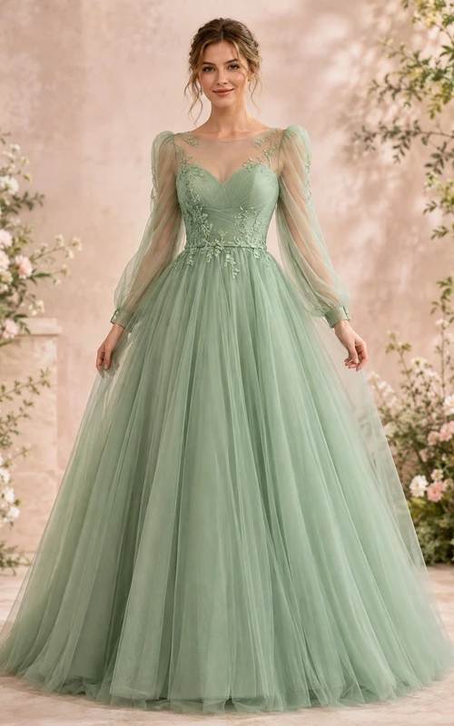 Sage Tulle Illusion Long-Sleeve A-Line Floor-Length Formal Dress