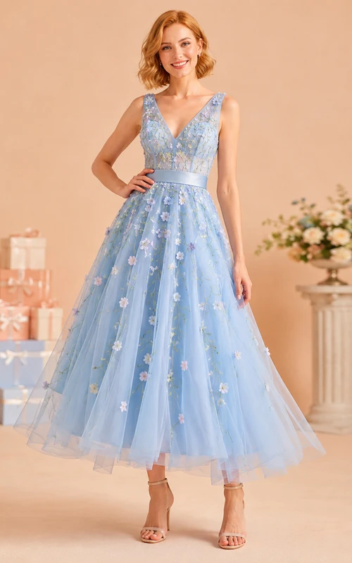 Blaues, wadenlanges Partykleid aus Tüll mit V-Ausschnitt und Blumenmuster