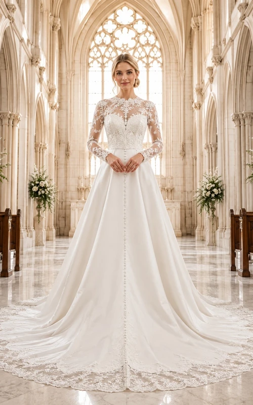Vestido de novia formal modesto de manga larga y cuello alto, corte en A.