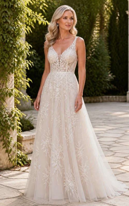 Boho-Strand-Hochzeitskleid in A-Linie mit V-Ausschnitt, Tüll und Spitzenapplikationen