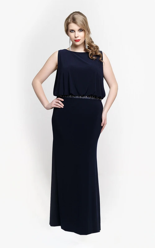 Ärmelloses, langes Jerseykleid mit U-Boot-Ausschnitt und Blouson-Oberteil