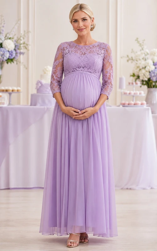 Spitzenkleid „Keepsake“ in Lavendel, Empire-Stil, bodenlang, U-Boot-Ausschnitt, Dreiviertelärmel, Chiffon, schlichtes Umstandskleid