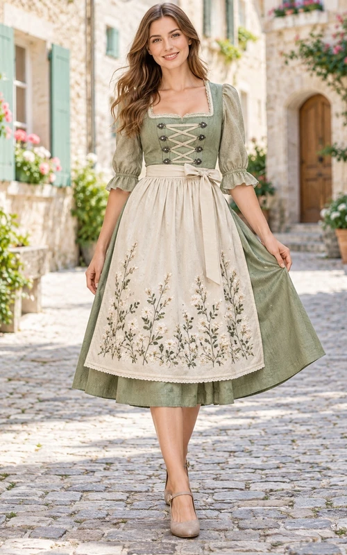 Vintage Sage Square Neck Elbow Sleeve Botanical Apron Dirndl Dress