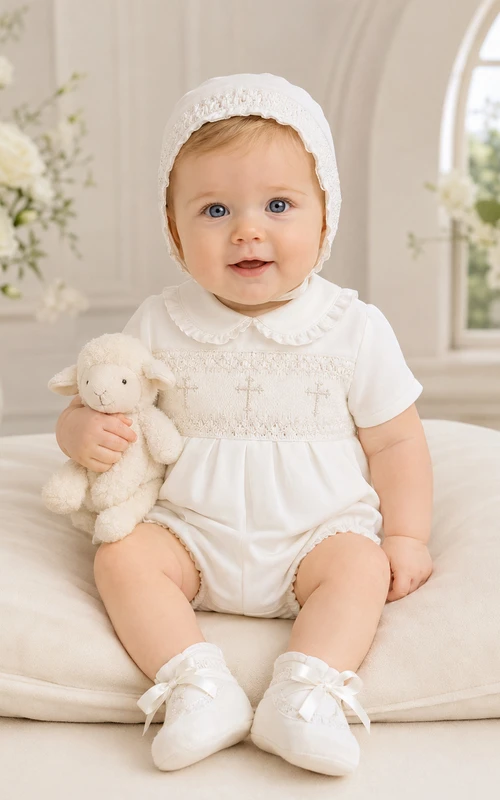 Schlichter weißer Kurzarm-Baby-Tauf-Strampler mit Kreuzstickerei