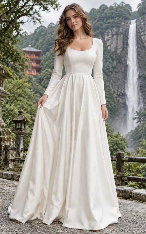 Schlichtes, langärmeliges Brautkleid aus Satin mit Rundhalsausschnitt und A-Linien-Schnitt