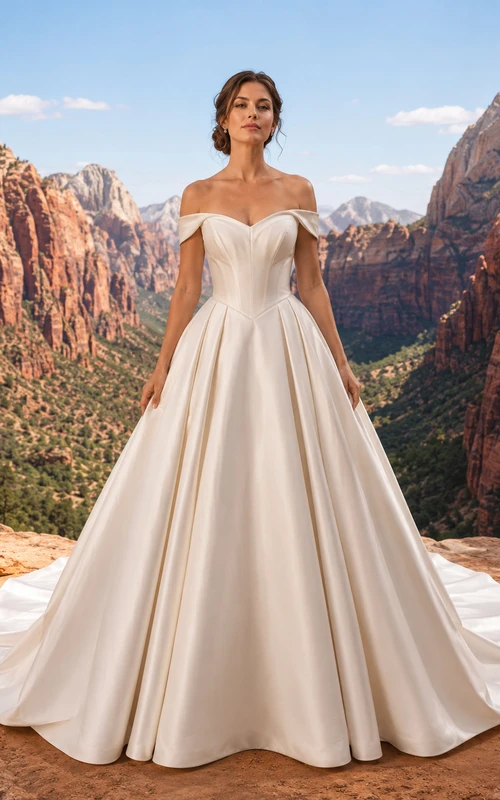 Robe de bal en satin à épaules dénudées et décolleté cœur, traîne chapelle, robe de mariée style canyon