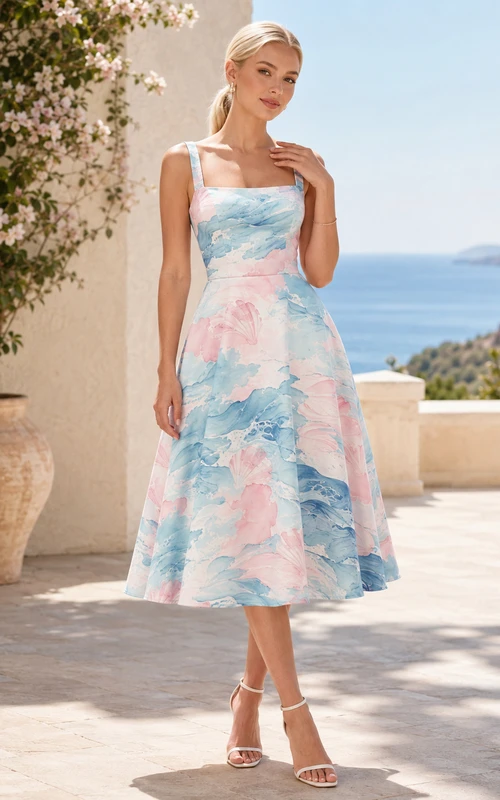 Vestido midi de invitada con escote cuadrado y corte en A, estampado de acuarela de océano en tonos pastel.