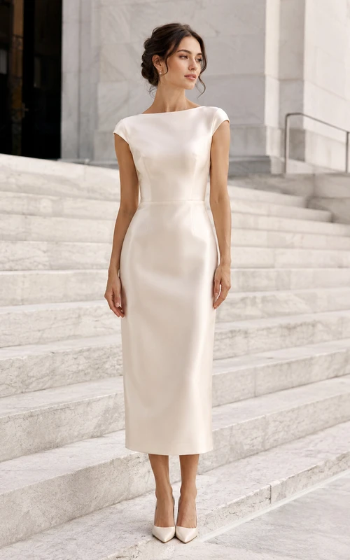 Vestido de novia midi de satén con escote barco para el juzgado y el ayuntamiento.