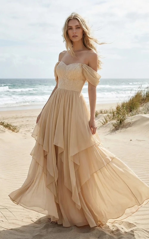 Vestido bohemio de gasa con escote corazón y hombros descubiertos