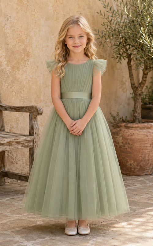 Vestido de niña de las flores, color salvia, tul, corte en A, mangas con volantes, cuello joya, largo hasta la rodilla, plisado.